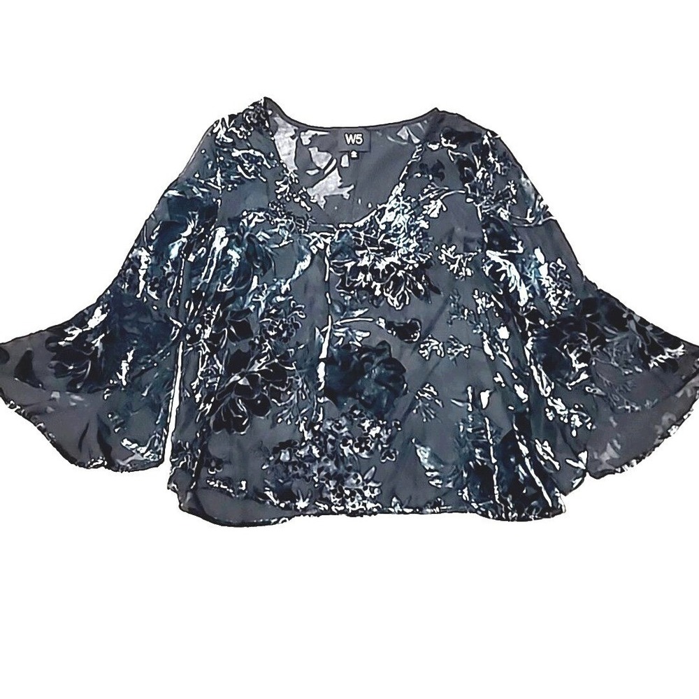 W5 Velvet Burnout Floral Blouse Teal Black Bell Sleeve V-Neck Top Size M 11696